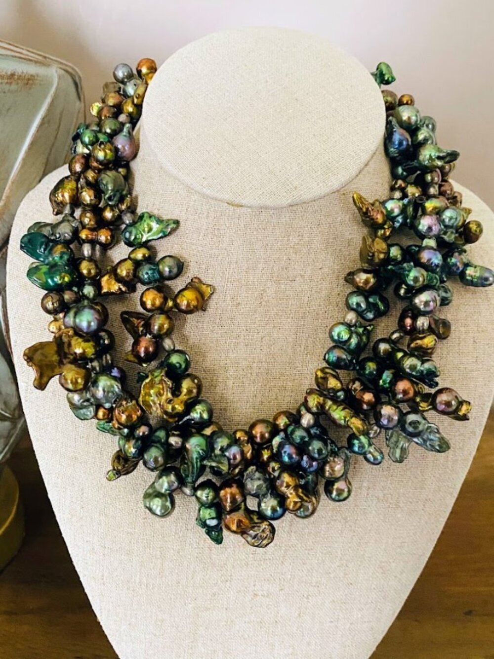 Vintage Peacock Baroque Freshwater Pearls Statement Necklace 18"